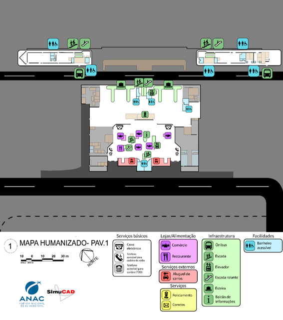 Mapa humanizado do pavimento 1 do Aeroporto Afonso Pena (Curitiba), com ícones coloridos representando serviços como banheiros acessíveis, elevadores, escadas rolantes, restaurantes, comércio, ônibus e balcão de informações. Inclui legenda na parte inferior com pictogramas e cores por categoria.