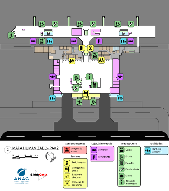 Mapa humanizado do pavimento 2 do Aeroporto Afonso Pena (Curitiba), com ícones e cores identificando serviços como companhias aéreas, check-in, inspeção de segurança, comércio, restaurantes, elevadores, escadas rolantes, banheiros acessíveis e balcões de informações. Inclui legenda na parte inferior com categorias e símbolos.