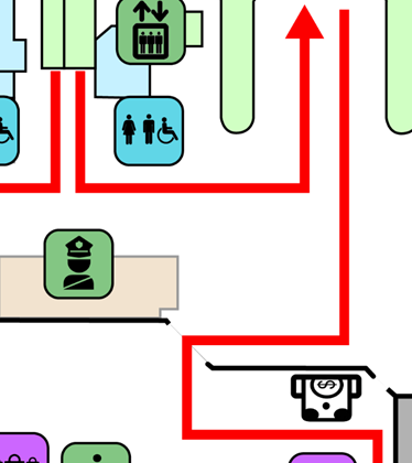 Trecho de mapa com setas vermelhas em ângulos retos indicando o fluxo de desembarque no aeroporto.