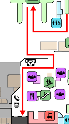Trecho de mapa com setas vermelhas contínuas indicando fluxo de deslocamento sem interrupções entre ambientes do aeroporto.
