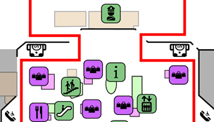 Linha vermelha com ângulos retos indicando corretamente as mudanças de direção no fluxo de percurso no mapa do aeroporto.