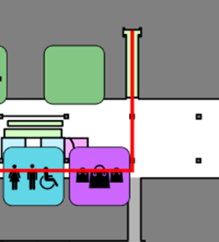 Linha vermelha do fluxo sobreposta a pictogramas e elementos arquitetônicos no mapa do aeroporto, dificultando a leitura das informações.