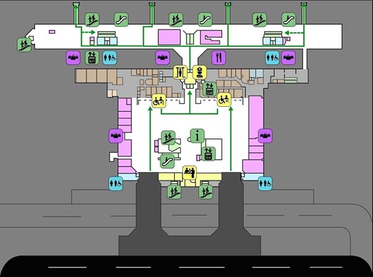 Mapa do pavimento 2 do Aeroporto Afonso Pena com setas verdes indicando os fluxos de embarque, conectando áreas de atendimento e inspeção aos portões, com pictogramas representando serviços e acessibilidade.