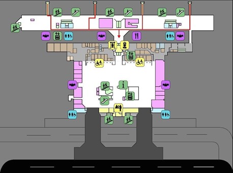 Mapa do pavimento 2 do Aeroporto Afonso Pena com setas vermelhas indicando os fluxos de desembarque, partindo das áreas superiores com esteiras e escadas, passando por serviços como inspeção e informações, até a saída principal.