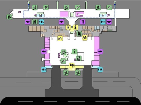 Mapa do pavimento 2 do Aeroporto Afonso Pena com setas azuis tracejadas indicando o fluxo de conexões, conectando diferentes áreas da parte superior do terminal, como sanitários, escadas e portões, sem passar pela área central de inspeção.