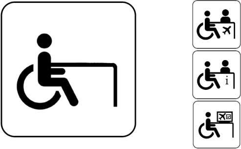 Quatro pictogramas com símbolo de cadeirante diante de balcão, representando padrão gráfico comum para check-in, informações e check-in automático acessíveis.