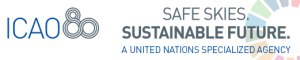 Logo da ICAO 80 anos com o texto: 'Safe Skies. Sustainable Future. A United Nations Specialized Agency'.