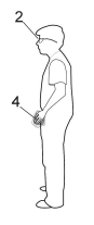 Ilustração lateral de uma pessoa em pé, usando óculos identificados com o número 2 e segurando um dispositivo eletrônico na mão, identificado com o número 4. O desenho representa o uso de tecnologia assistiva para orientação de pessoas com deficiência visual.