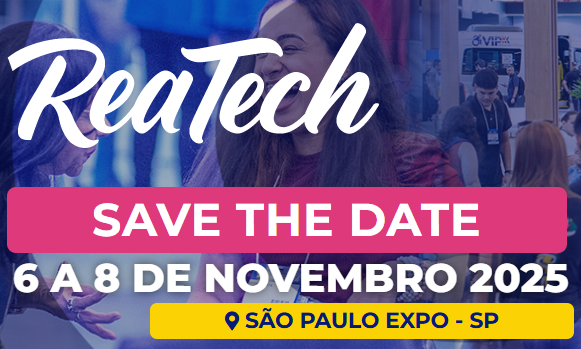 Banner do evento ReaTech 2025 com a mensagem 'Save the Date: 6 a 8 de novembro 2025, São Paulo Expo - SP'.