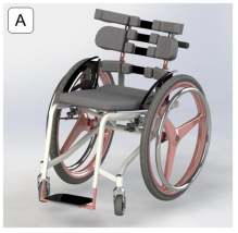 Imagem renderizada de uma cadeira de rodas anatômica otimizada e personalizada para uso diário. A cadeira possui encosto com apoio segmentado ajustável, estrutura leve, rodas traseiras grandes com aro rosado e rodas dianteiras pequenas com garfo direcional.