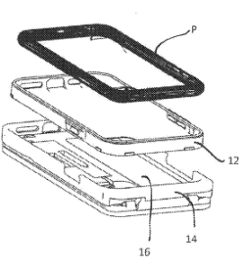 Vista explodida de um dispositivo em camadas, semelhante a um suporte para smartphone, com estrutura identificada pelos números 12, 14 e 16. O dispositivo é projetado para ampliação de objetos, auxiliando pessoas com baixa visão.