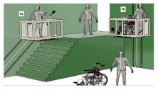Ilustração de novas disposições construtivas para plataforma elevatória inclinada e vertical assistiva, comandadas por voz ou controle remoto. A imagem mostra duas plataformas: uma inclinada sobre escadas com pessoa em pé, e outra vertical com cadeirante, destacando acessibilidade em diferentes níveis.