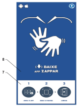 Imagem promocional de sistema de inclusão digital com foco em acessibilidade em Libras, orientando o uso do app de realidade aumentada Zappar. Mostra mãos estilizadas em sinal de Libras e instruções em três etapas: abrir o app, mirar a câmera e acessar o conteúdo em Libras.