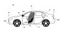 Vista lateral de um carro com a porta traseira aberta e elementos numerados indicando um sistema sinalizador de abertura. O sistema é projetado com acessibilidade para daltônicos, utilizando sinais visuais e posicionamento estratégico para maior percepção.