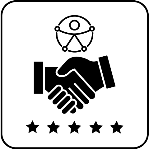 Ícone monocromático de duas pessoas apertando as mãos, com uma maleta entre elas e o símbolo de acessibilidade (figura com braços e pernas abertas dentro de um círculo) acima, representando parceria para avaliação e promoção da acessibilidade.