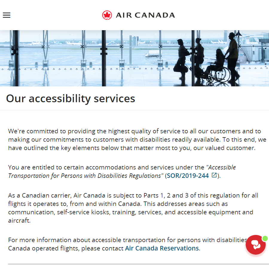 Página do site da Air Canada intitulada "Our accessibility services", com texto explicando o compromisso da companhia em oferecer assistência acessível aos passageiros com deficiência, incluindo regulamentações e informações de contato.