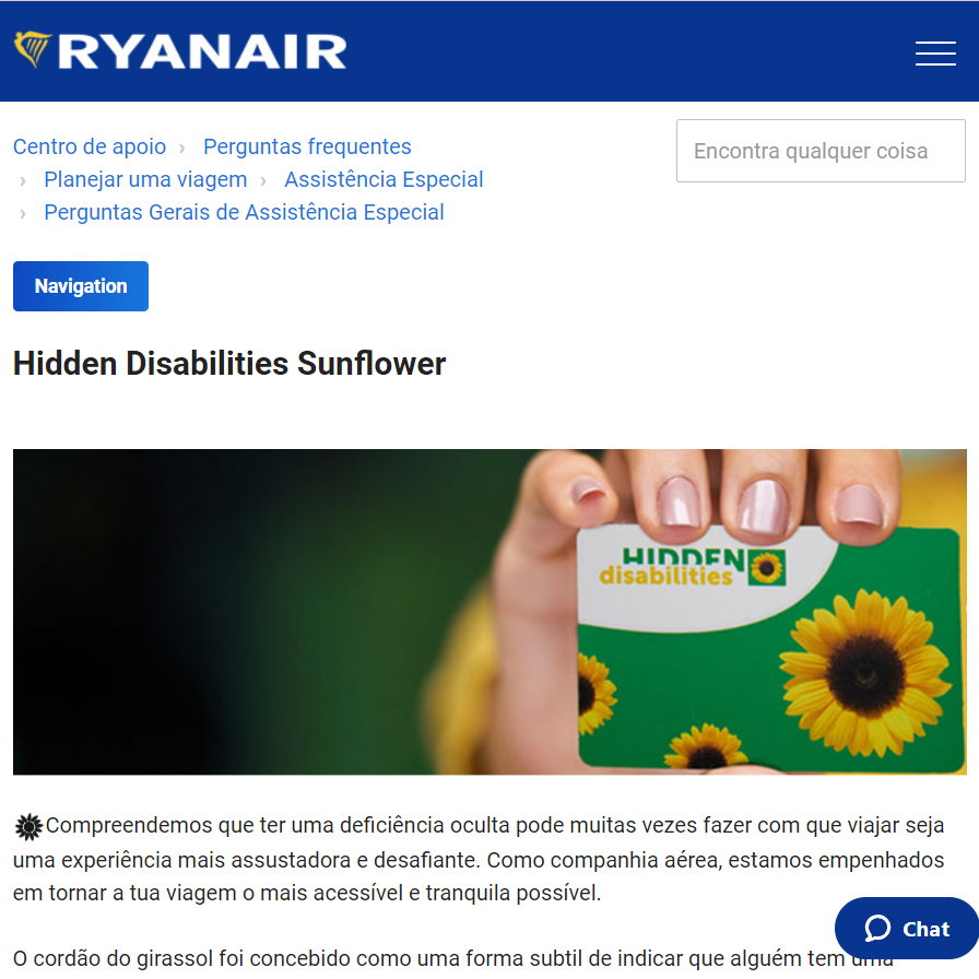 Página do site da Ryanair com título "Hidden Disabilities Sunflower", explicando o uso do cordão do girassol para indicar deficiências ocultas. A imagem principal mostra uma mão segurando um cartão com o logotipo "Hidden Disabilities" e girassóis.