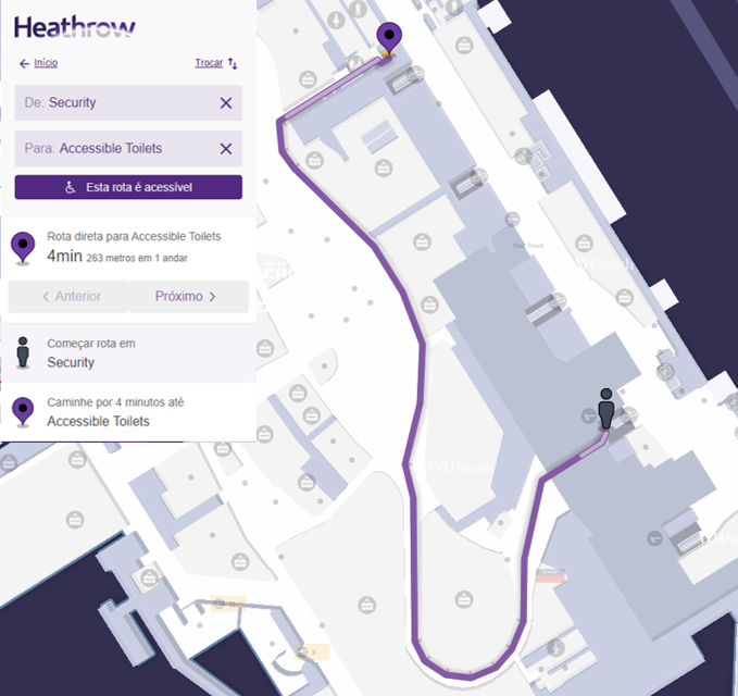 Captura de tela de um mapa interativo acessível do aeroporto de Heathrow com rota destacada em linha roxa entre “Security” e “Accessible Toilets”, indicando tempo estimado de 4 minutos para percorrer 263 metros.