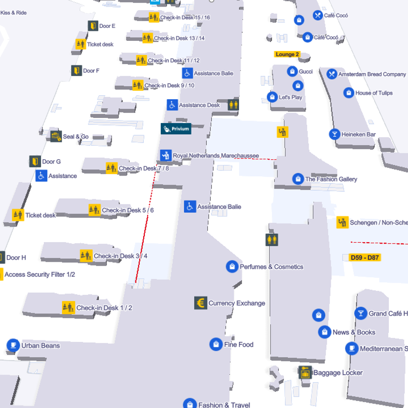 Mapa esquemático do terminal com ícones de acessibilidade e pontos de assistência destacados em azul, ao lado de balcões de check-in, lojas e restaurantes.