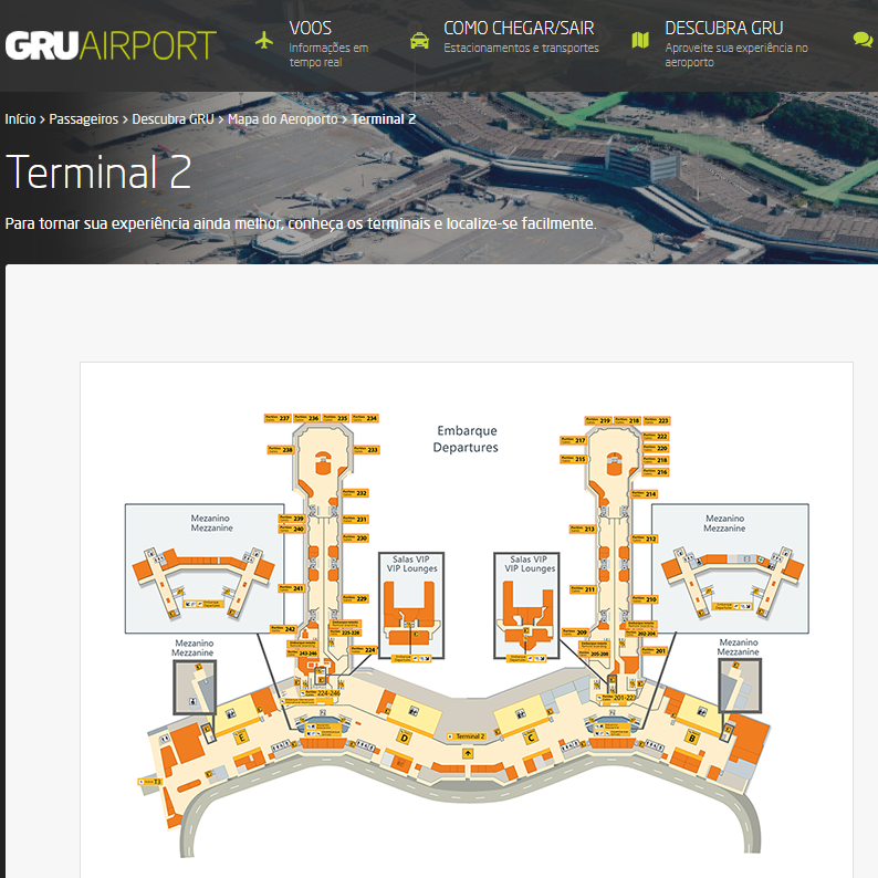 Planta baixa ilustrada do Terminal 2 com áreas de embarque, mezanino, salas VIP e pontos de interesse destacados em laranja e amarelo.