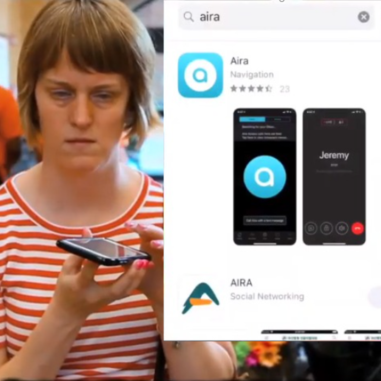 Imagem apresenta uma mulher utilizando um aplicativo de celular com a interface do app Aira exibida ao lado