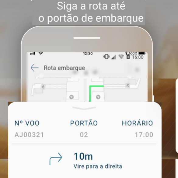 Celular com tela de rota para o portão de embarque, incluindo dados de voo, portão e horário, com indicação de distância e direção.
