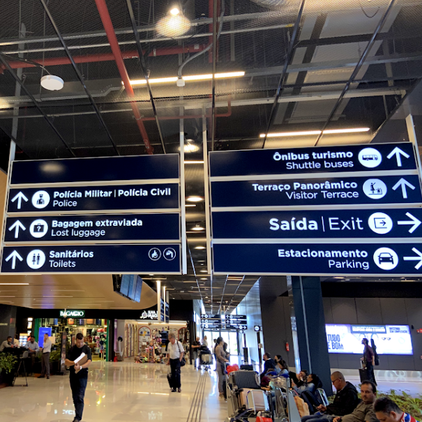 Fotografia de um saguão com placas suspensas grandes, contendo informações como “Polícia”, “Bagagem extraviada”, “Sanitários”, “Estacionamento” e “Saída”. Os textos estão acompanhados de ícones claros, setas direcionais e fundo escuro com letras brancas, oferecendo bom contraste e leitura à distância.