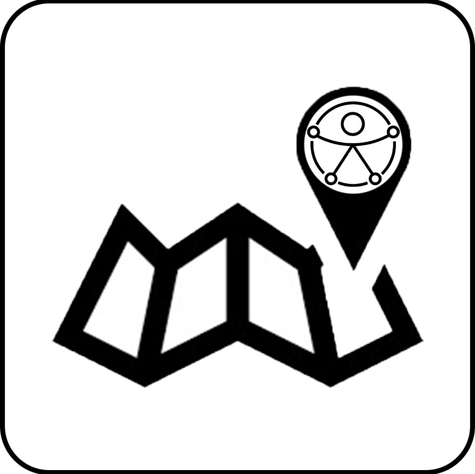 Ícone em estilo monocromático representando um mapa com marcador de localização acessível, simbolizado por um mapa dobrado em preto e branco com um pin de localização à direita contendo o ícone de acessibilidade no interior, indicando que o mapa possui recursos voltados para acessibilidade.