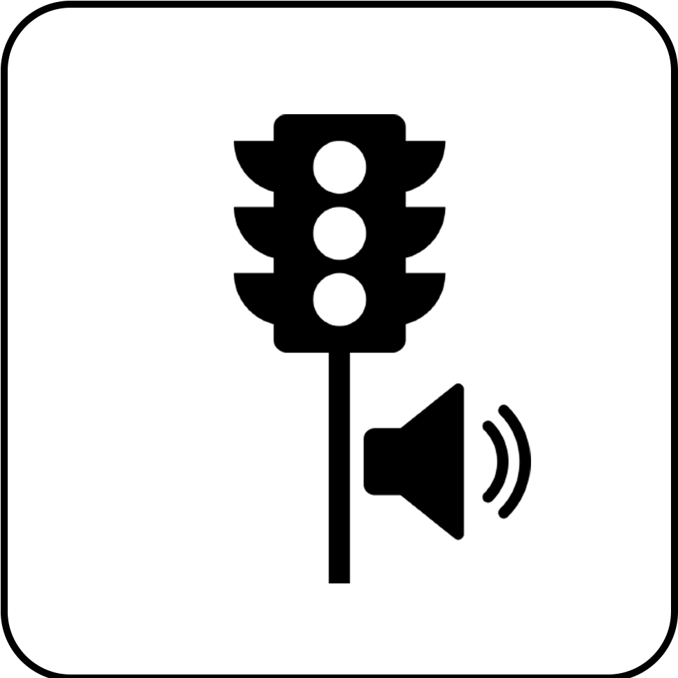 Ícone de um semáforo de pedestres com ondas sonoras ao lado, representando um semáforo com sinal sonoro para acessibilidade.