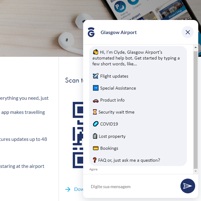 Interface de atendimento virtual do aeroporto de Glasgow. Um assistente automatizado (Clyde) apresenta opções como atualizações de voos, assistência especial, tempo de espera na segurança, informações de produto, objetos perdidos e reservas, com ícones ilustrativos ao lado de cada item.