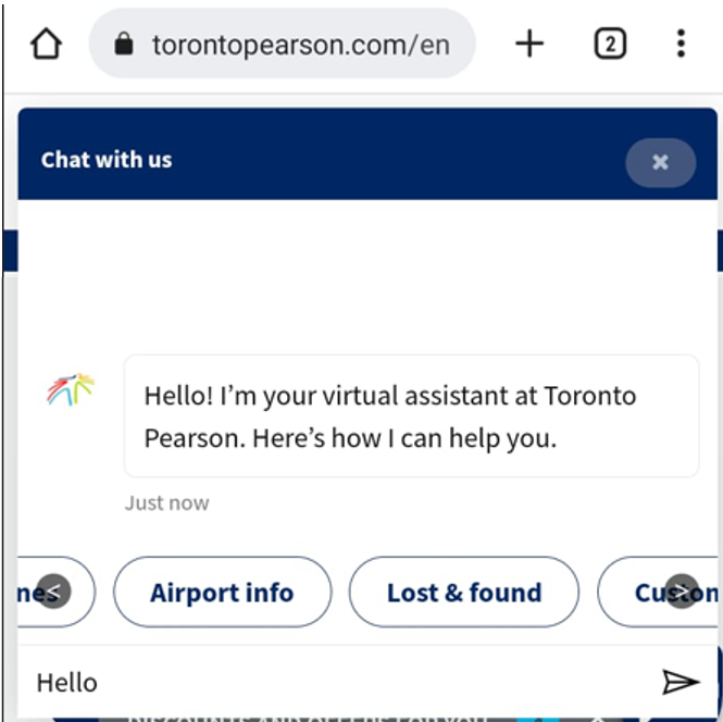 Interface de atendimento virtual do aeroporto de Glasgow. Um assistente automatizado (Clyde) apresenta opções como atualizações de voos, assistência especial, tempo de espera na segurança, informações de produto, objetos perdidos e reservas, com ícones ilustrativos ao lado de cada item.