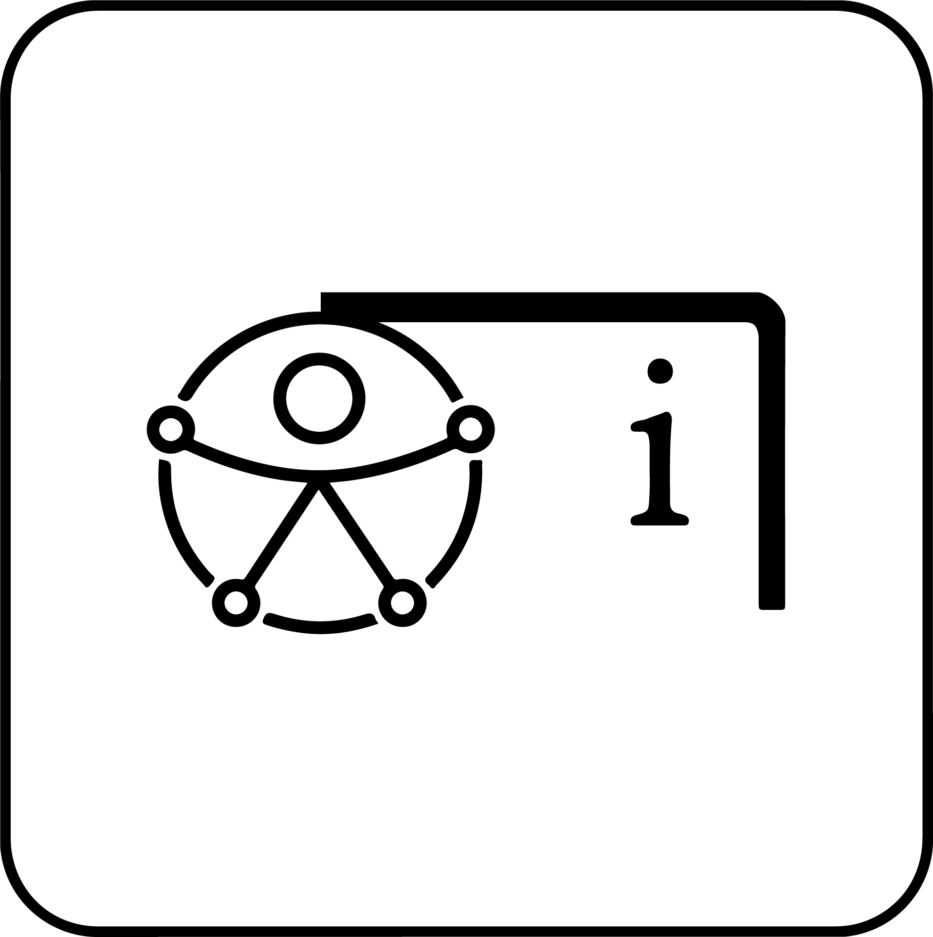 Ícone que representa um ponto de informação acessível, com o símbolo universal de acessibilidade ao lado da letra "i" estilizada, representando informação, em traços simples e monocromáticos.