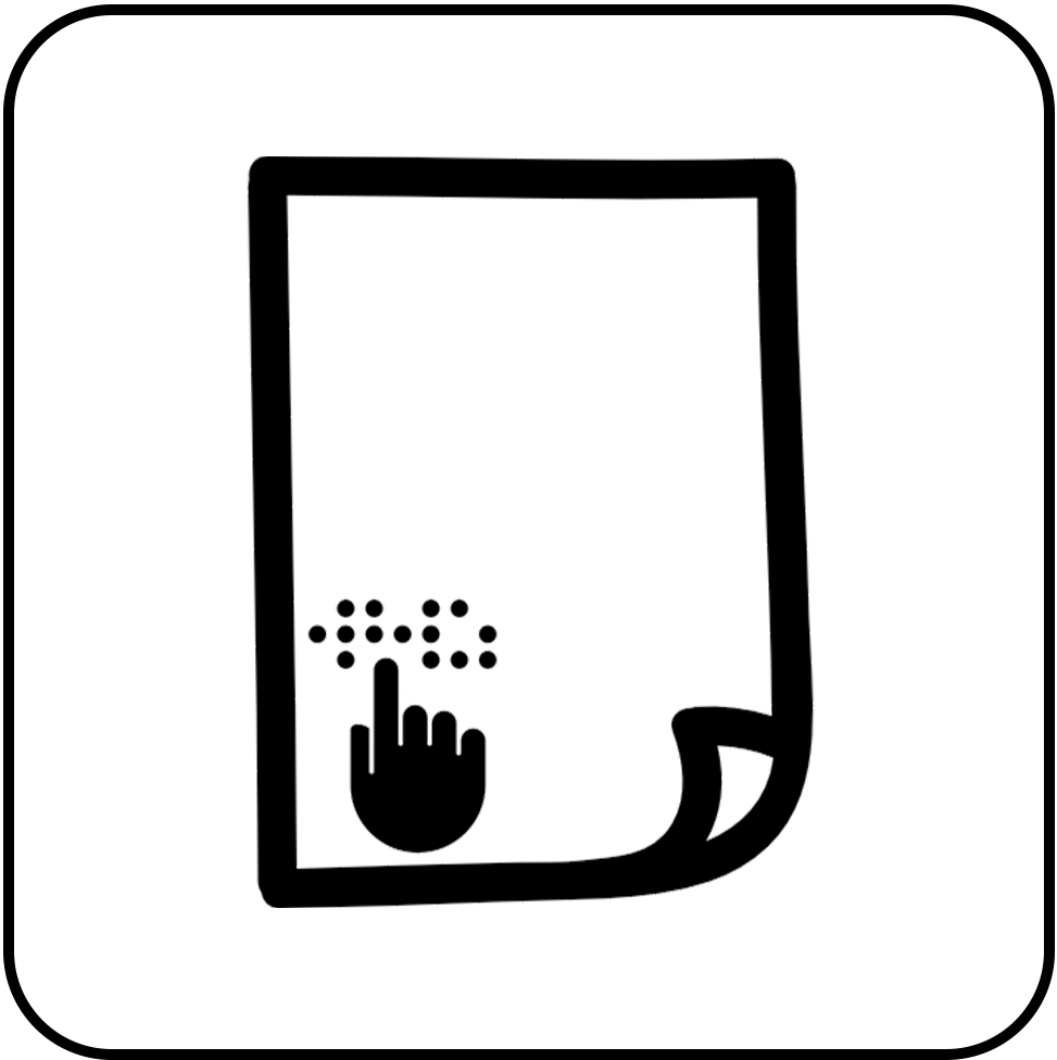 Ícone representando um material impresso com informações em Braille, ilustrando o conceito de acessibilidade tátil para leitura.