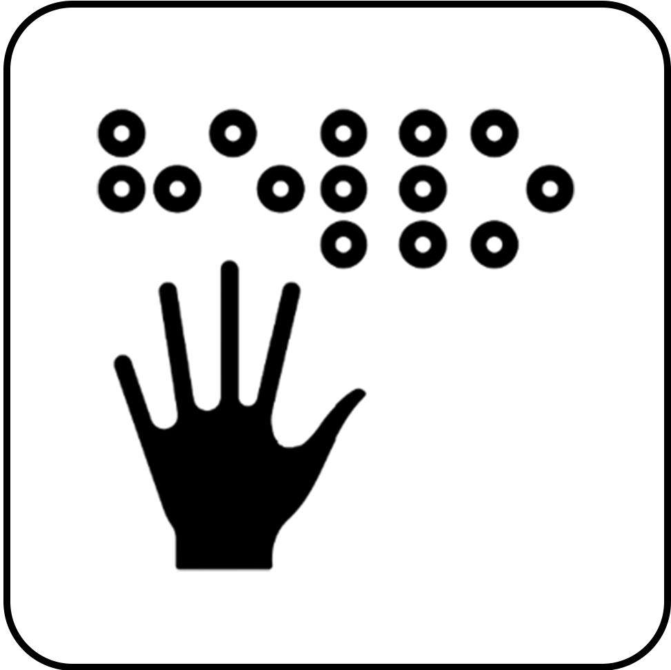 Ícone com uma mão e caracteres em Braille, indicando acessibilidade tátil para pessoas com deficiência visual.