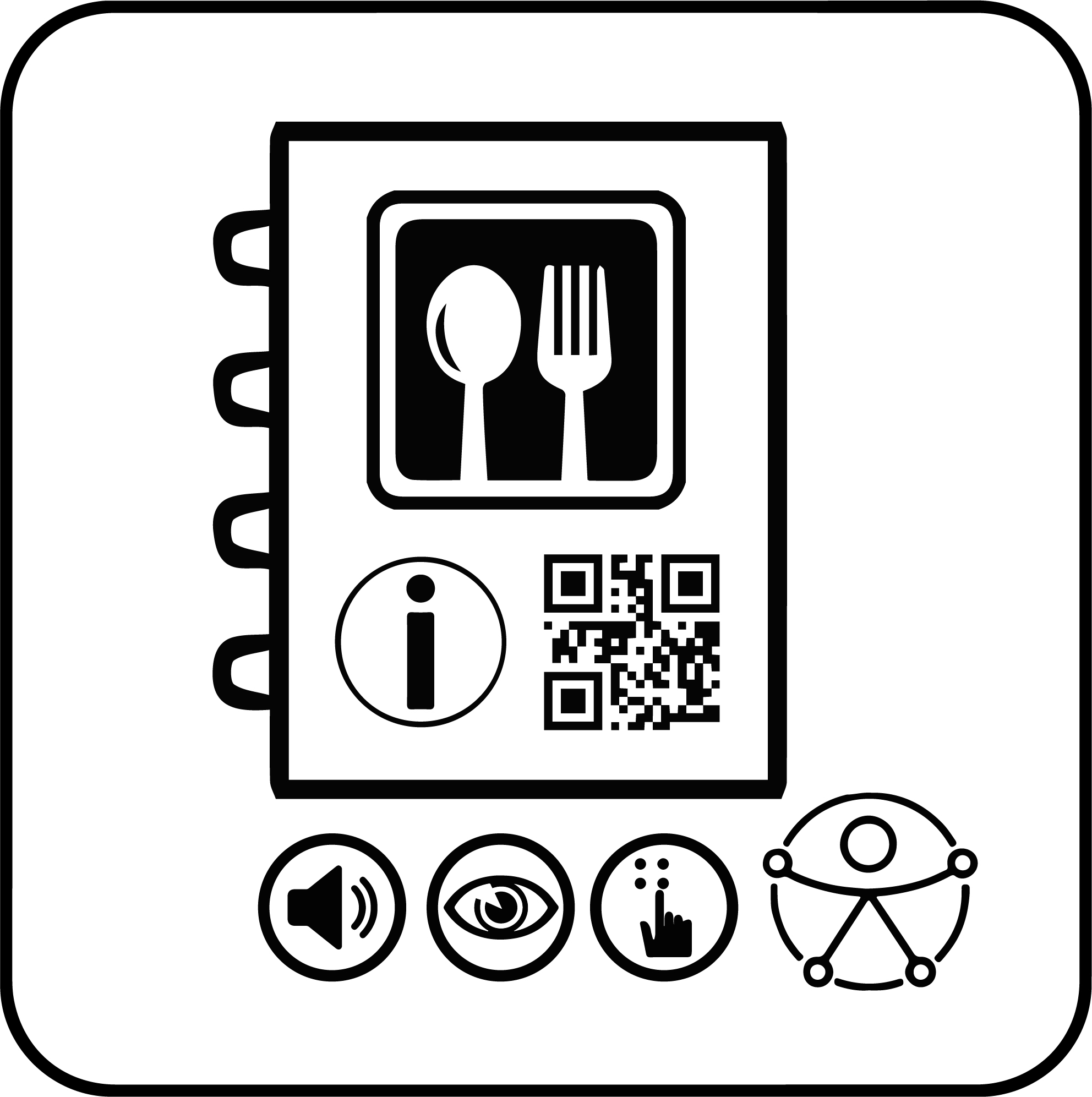 Ilustração de um cardápio com símbolo de talheres, código QR e ícones de acessibilidade indicando recursos visuais, táteis, sonoros e universais, representando a disponibilidade de cardápio acessível para todos os públicos.