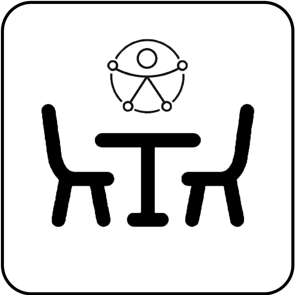 Ícone estilizado de uma mesa com duas cadeiras e um símbolo de pessoa com deficiência acima, representando mobiliário acessível.
