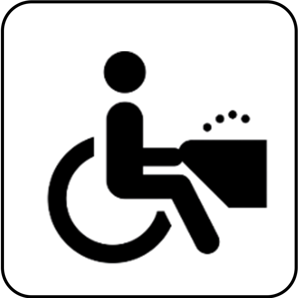 Ícone representando uma pessoa em cadeira de rodas de perfil, com os braços estendidos em direção a um bebedouro acessível à frente, indicando a presença de equipamento adaptado para uso por pessoas com deficiência.