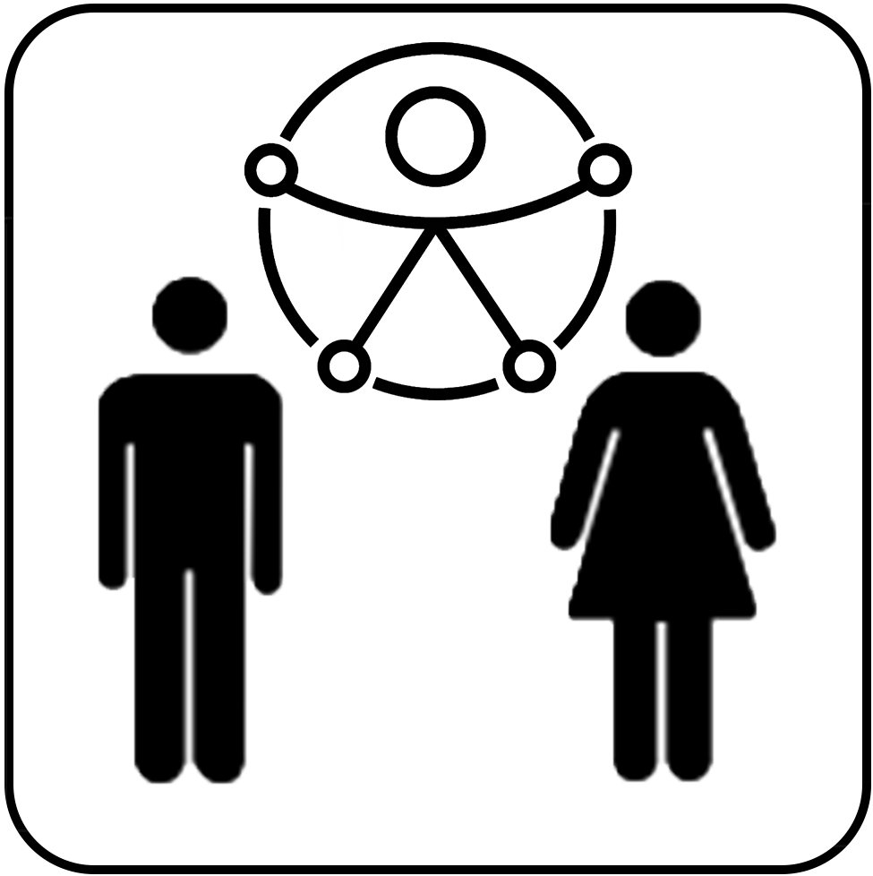Ícone representando sanitário acessível, com pictogramas de figura masculina e feminina, e símbolo de acessibilidade entre eles.