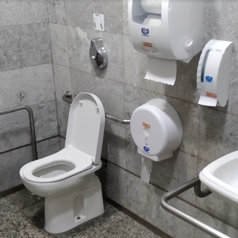 Sanitário acessível com barras de apoio ao lado do vaso sanitário, diversos suportes de papel higiênico e pia parcialmente visível com barra frontal.