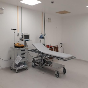 Leito hospitalar com equipamentos médicos em sala limpa e organizada, indicando estrutura de emergência.