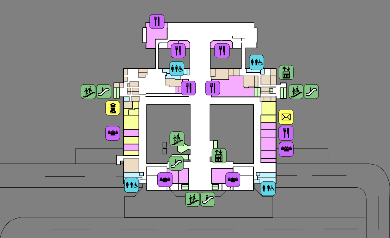 Mapa humanizado do pavimento 3 do Aeroporto Afonso Pena (Curitiba), com ícones coloridos indicando restaurantes, banheiros acessíveis, escadas rolantes, elevadores, lojas e outros serviços distribuídos pelos corredores.