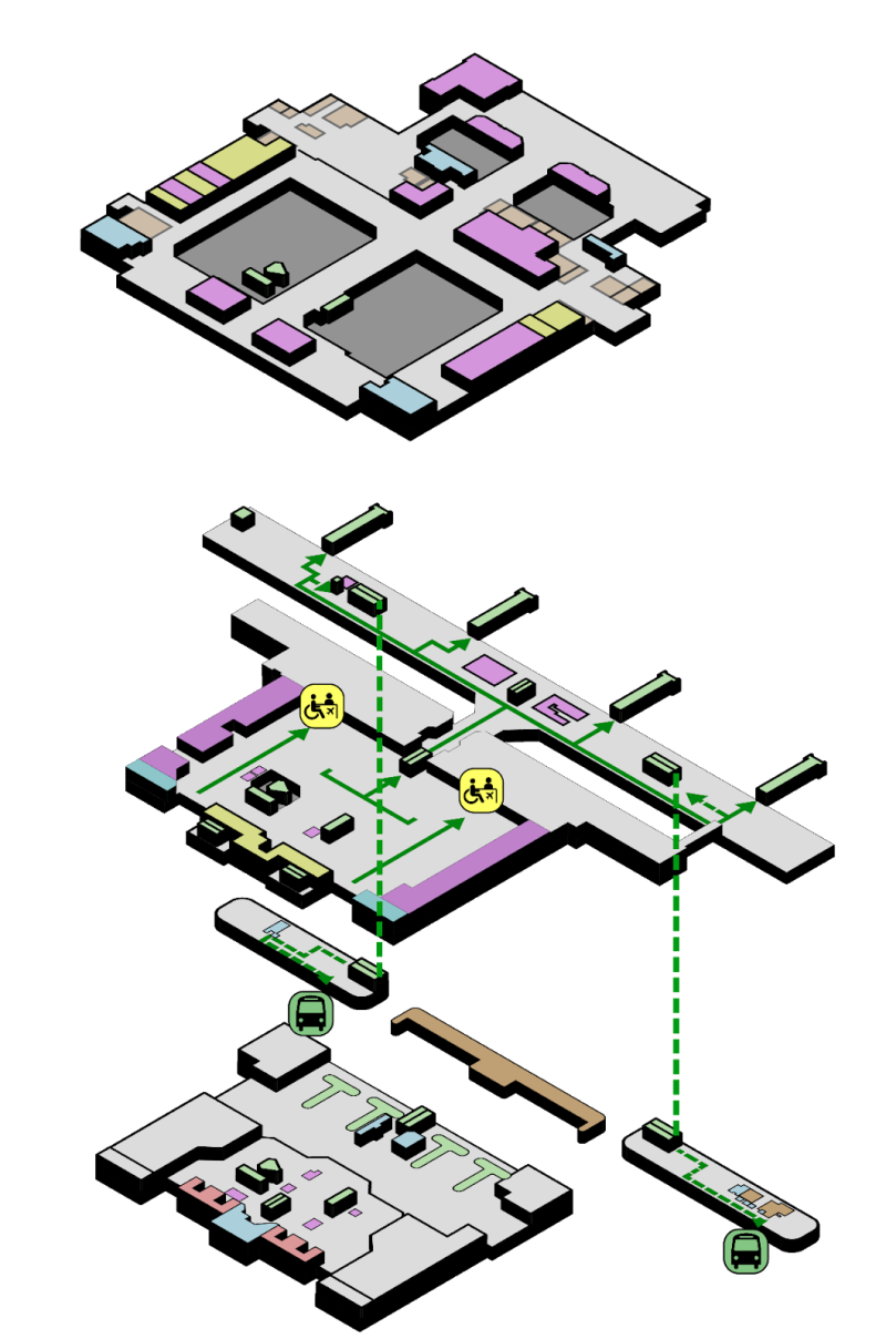 Ilustração em perspectiva dos três pavimentos do Aeroporto Afonso Pena, conectados por setas verdes que indicam o fluxo completo de embarque entre os pisos, incluindo trajetos por elevadores, rampas e corredores.