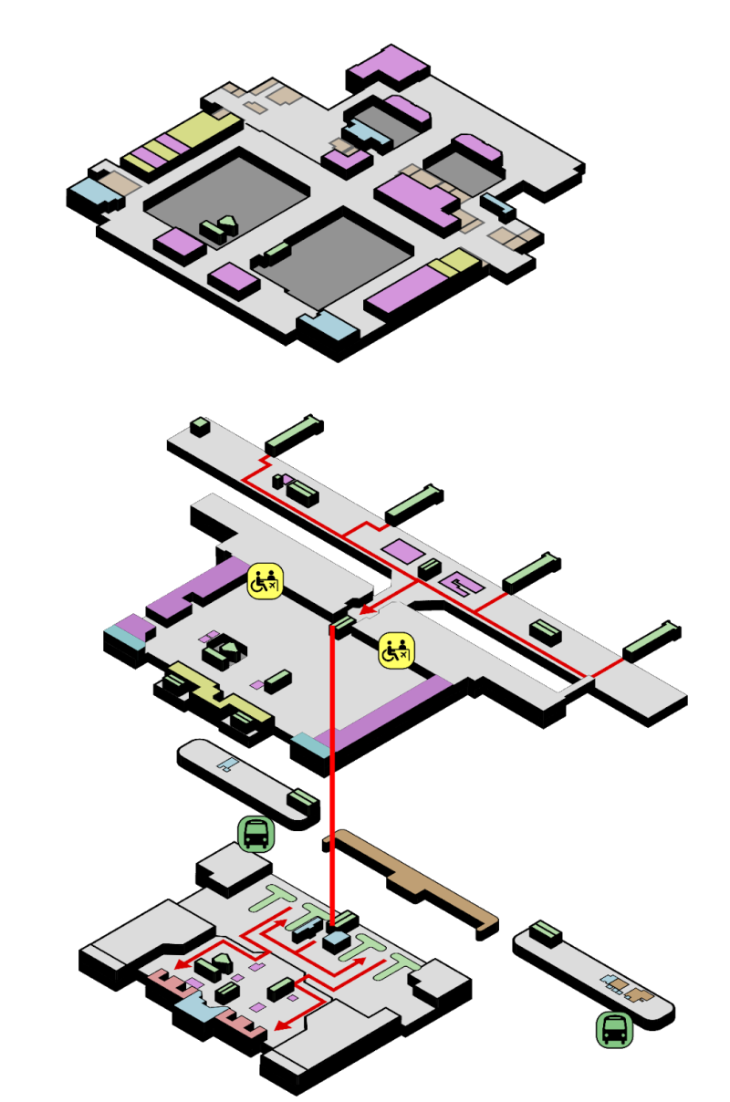 Ilustração em perspectiva dos três pavimentos do Aeroporto Afonso Pena, com setas vermelhas indicando o fluxo completo de desembarque entre os pisos, incluindo transições verticais por elevadores e caminhos horizontais até áreas de saída.
