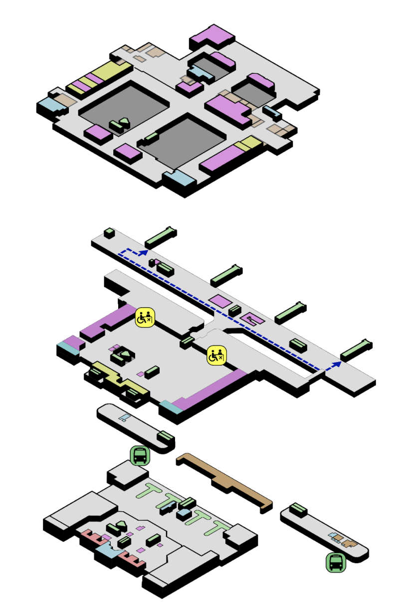 Ilustração em perspectiva dos três pavimentos do Aeroporto Afonso Pena, com uma linha azul tracejada representando o fluxo de conexões, que se desenvolve horizontalmente no pavimento superior, conectando áreas de embarque sem mudança de nível.